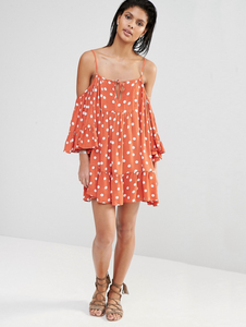 S - tularosa orange cold shoulder polka dot dress