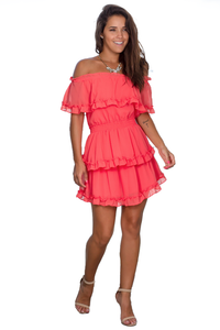 M - vestique coral off the shoulder ruffle dress