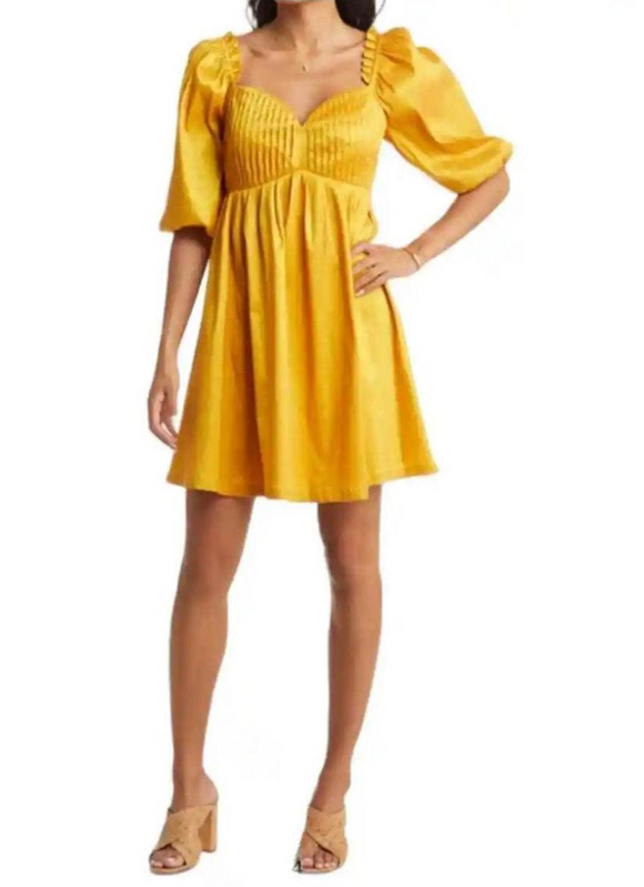 M - vici yellow puff sleeve babydoll dress