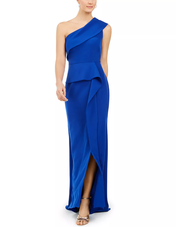 14 - vince camuto royal blue one shoulder ruffle gown