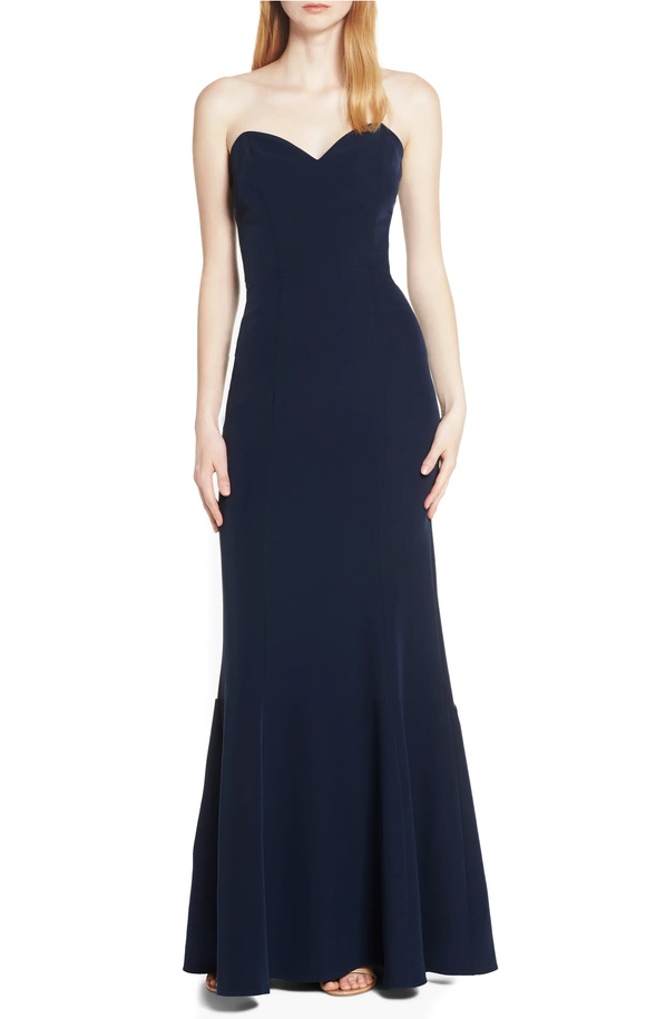 M - wayf navy strapless lace up fitted gown