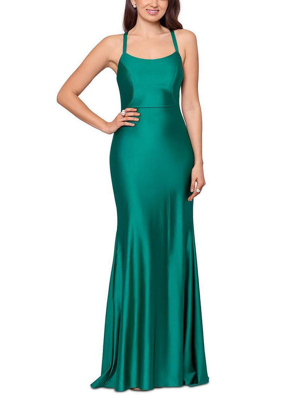 2 - xscape green lace up satin mermaid gown