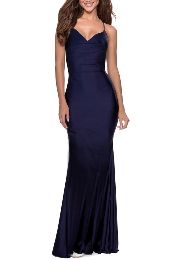 10 - xscape navy strappy ruched stretch satin gown