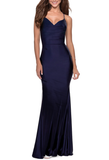 10 - xscape navy blue strappy ruched stretch satin gown