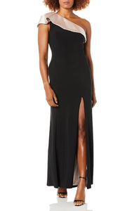 6 - xscape one shoulder satin ruffle fitted gown