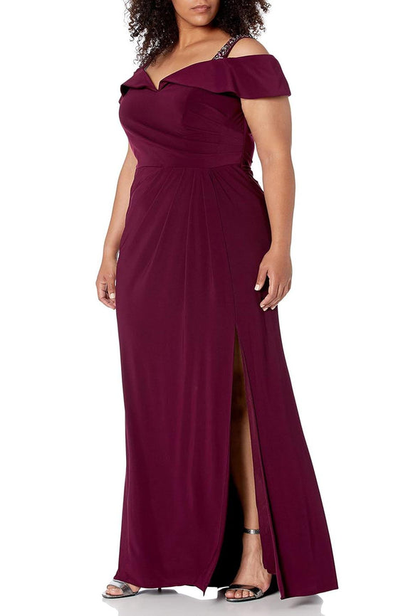 14W - xscape wine red off the shoulder ruched jersey gown