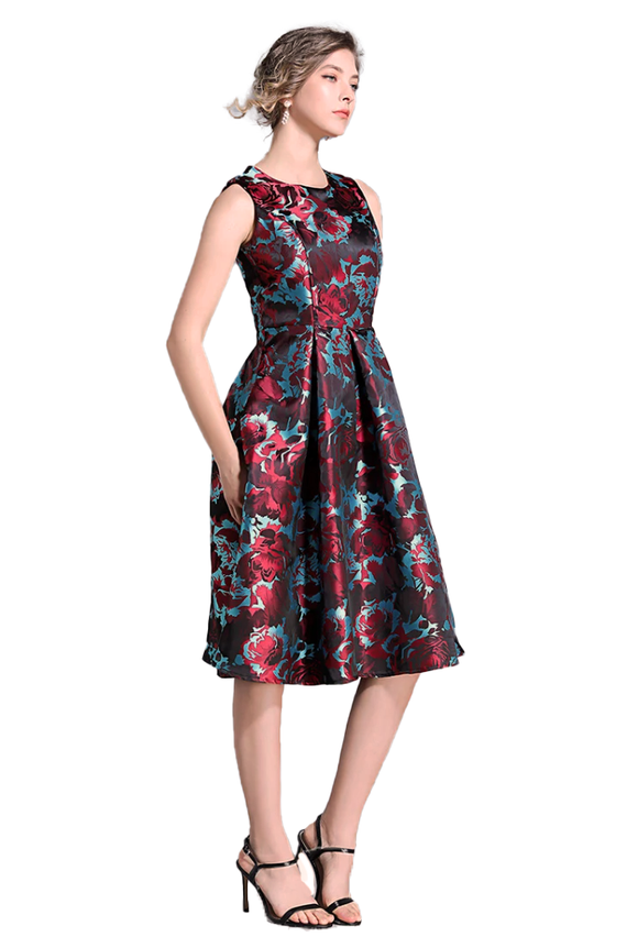 7- yiso red & blue floral jacquard dress