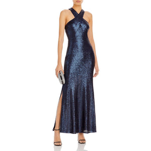 M - aqua navy blue sequin halter gown