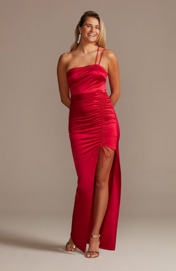XL - city triangles red ruched stretch satin gown