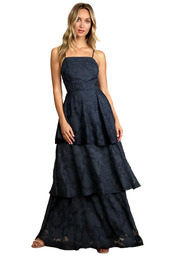 S - lulu's navy tiered lace gown