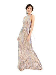 7 - say yes to the prom gold sequined halter gown
