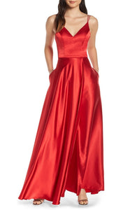 5 - sequin hearts red satin double strap gown