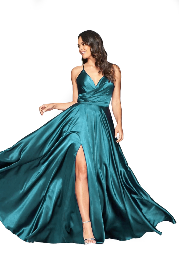 10 - ssb turquoise faux wrap satin gown